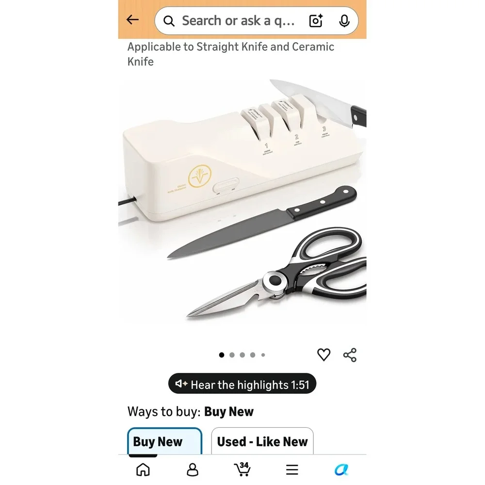 HOMLY Professional Electric Knife Sharpener 3-Stage Diamond Abrasive White